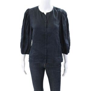 Designer Womens Long Puff Sleeve Button Down Blouse Navy Size 38